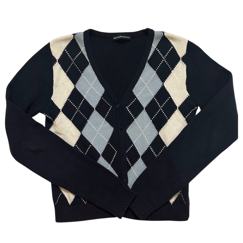 Brandy Melville Black and Cream Argyle Cardigan